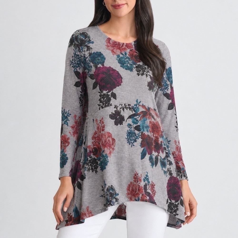 Chicos Multicolored Rose Print Button Sleeve Knit Tunic Shirt